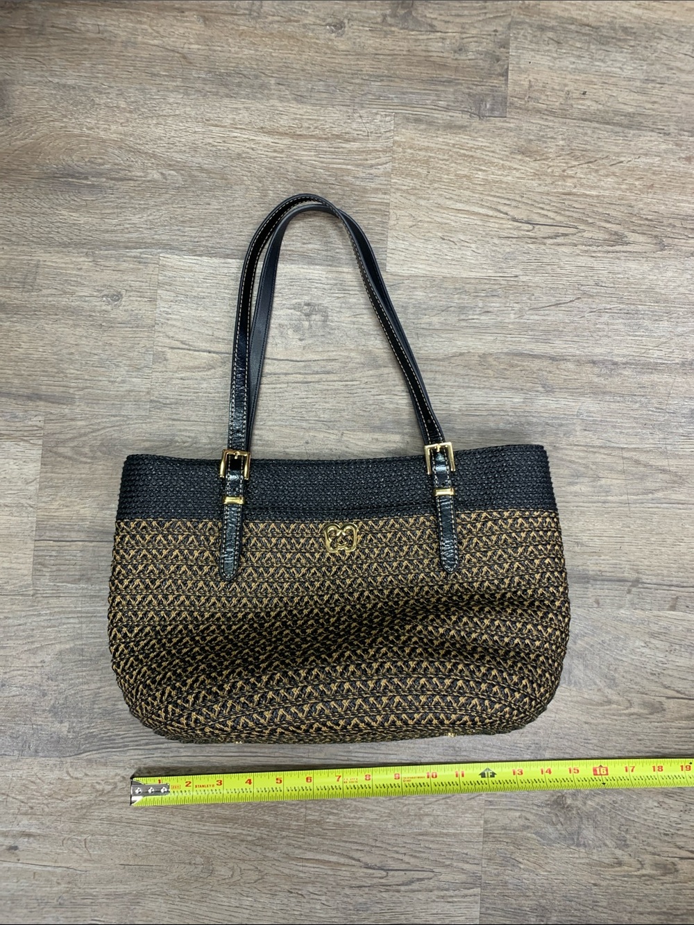 Eric Javits Brown & Black Woven Shoulder Bag with Gold Accent